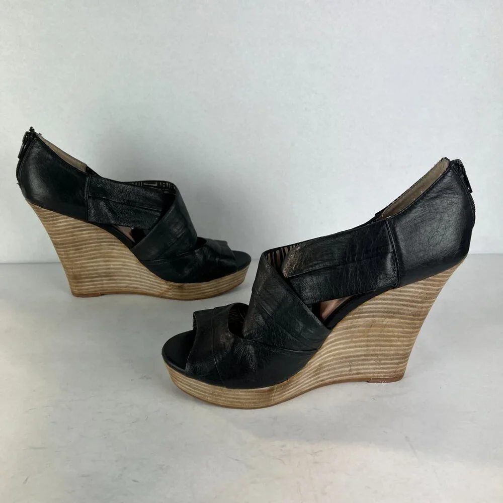 Seychelles Sandals Womens 8.5 Black Leather Wedge Stacked Heel Criss Cross‎